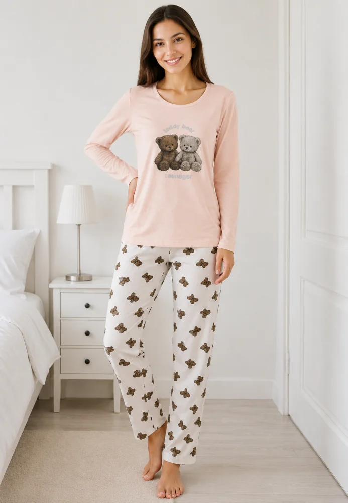 Pijama dama Roz Pudra/Alb, bluza cu maneca lunga si imprimeu ursuti, pantaloni lungi cu model ursuleti