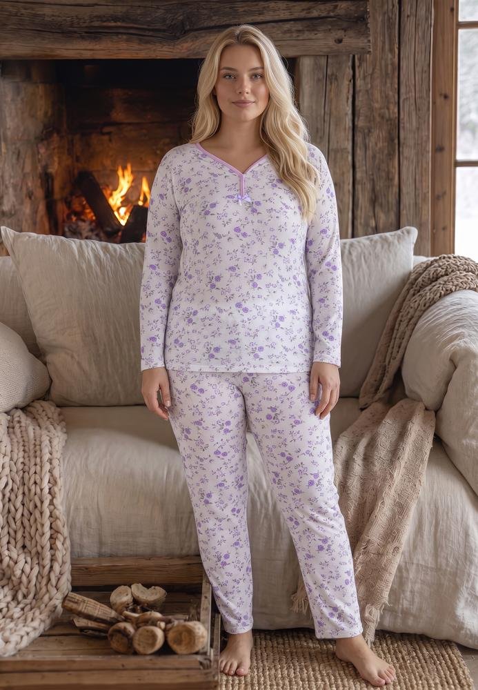 Pijama Damă Big Size, 100% Bumbac, Mânecă Lungă și Pantaloni Lungi, Imprimeu Floral Violet, Confortabilă și Elegantă — imagine 2