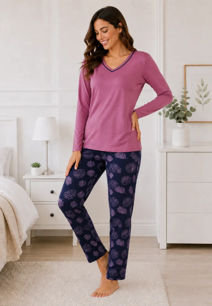Pijama Dama cu Bluza Mov cu Maneca Lunga si Pantalon Lung Bleumarin cu Imprimeu Frunze — imagine 3