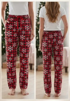 Pantaloni Pijama Damă 100% Bumbac, Model Festiv cu Fulgi de Nea, Croială Lejeră