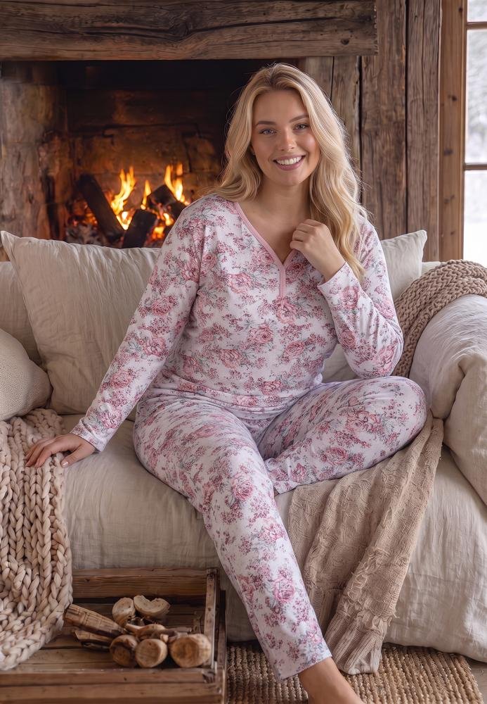 Pijama Damă Big Size,Mânecă Lungă și Pantaloni Lungi, 100% Bumbac, Imprimeu Floral — imagine 1