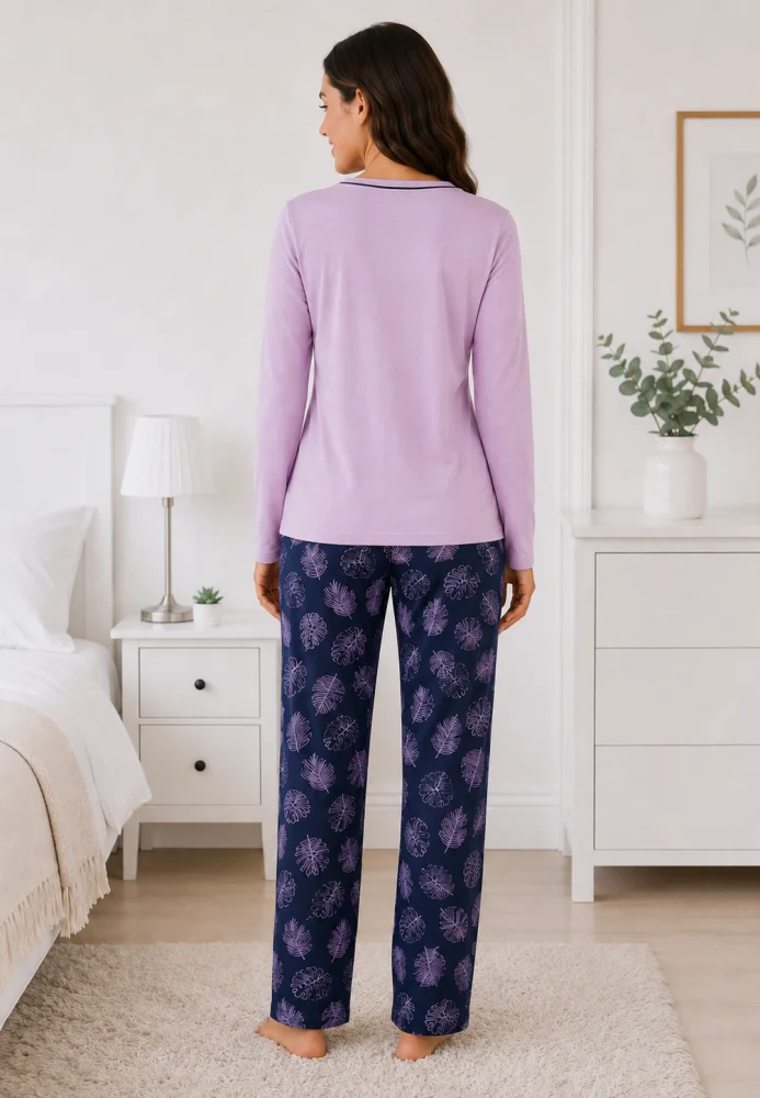 Pijama Dama cu Bluza cu Maneca Lunga si Pantalon Lung Bleumarin cu Imprimeu Frunze — imagine 2