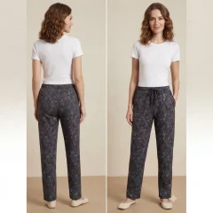 Pantaloni Pijama Damă 100% Bumbac, Imprimeu Floral Elegant, Croială Lejeră cu Șnur și Buzunare