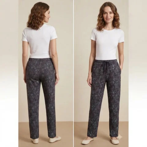 Pantaloni Pijama Damă 100% Bumbac, Imprimeu Floral Elegant, Croială Lejeră cu Șnur și Buzunare