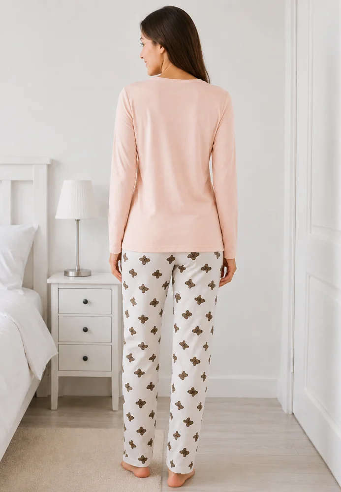 Pijama dama Roz Pudra/Alb, bluza cu maneca lunga si imprimeu ursuti, pantaloni lungi cu model ursuleti — imagine 2
