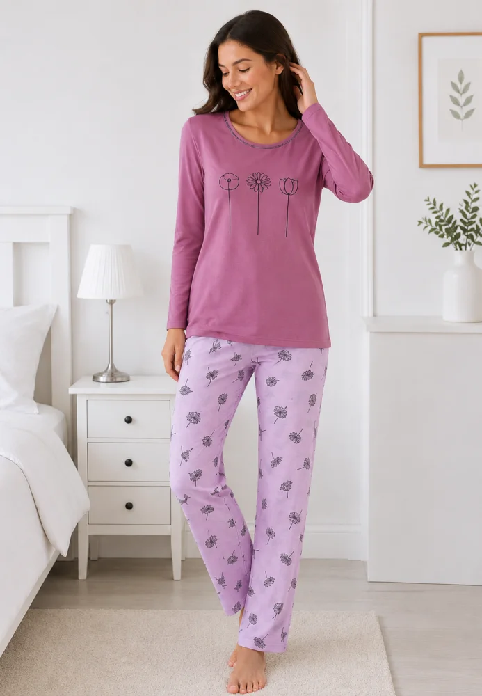 Pijama dama MOV bluza cu maneca lunga si imprimeu floral, pantaloni lungi cu model flori — imagine 3