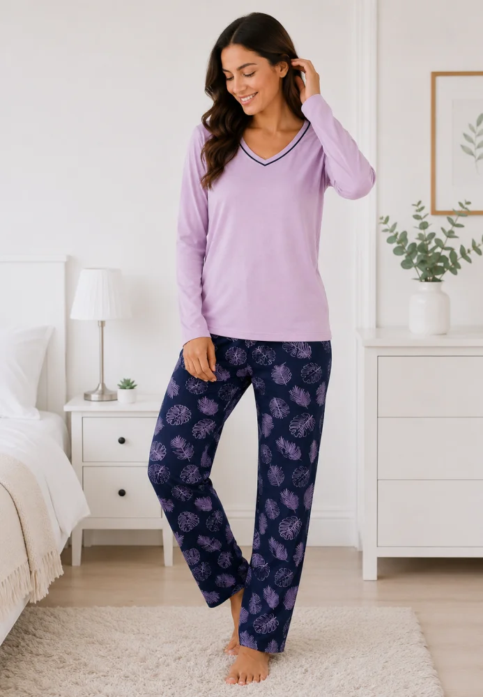 Pijama Dama cu Bluza cu Maneca Lunga si Pantalon Lung Bleumarin cu Imprimeu Frunze — imagine 4