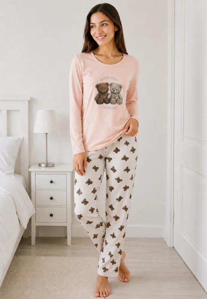 Pijama dama Roz Pudra/Alb, bluza cu maneca lunga si imprimeu ursuti, pantaloni lungi cu model ursuleti