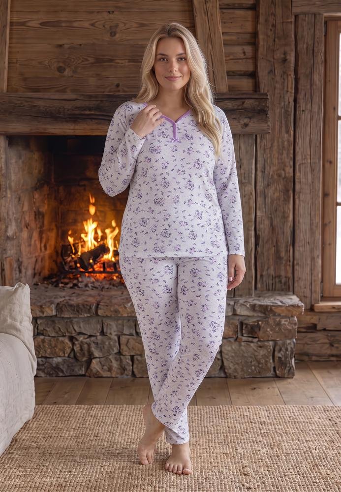 Pijama Damă Big Size, Bumbac 100%, Imprimeu Floral Mov, Mânecă Lungă și Pantaloni Lungi