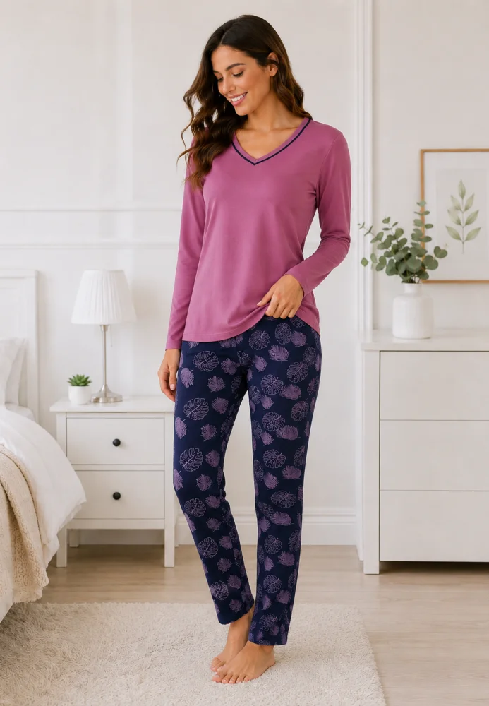 Pijama Dama cu Bluza Mov cu Maneca Lunga si Pantalon Lung Bleumarin cu Imprimeu Frunze — imagine 4