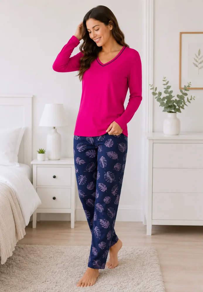 Pijama dama fucsia/Bleumarin, bluza cu maneca lunga si guler V, pantaloni lungi cu imprimeu frunze