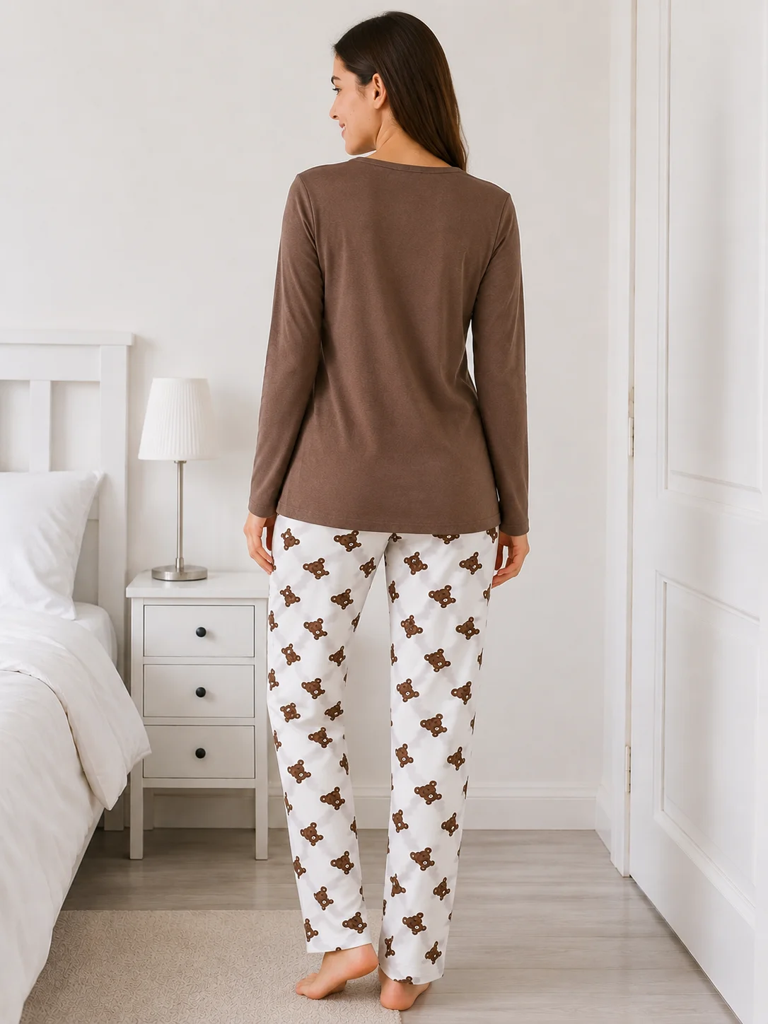 Pijama dama Maro, bluza cu maneca lunga si imprimeu ursuti, pantaloni lungi cu model ursuleti — imagine 2