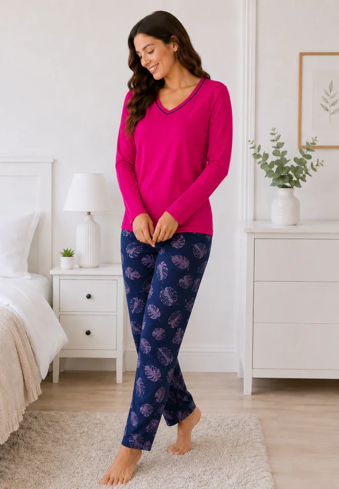 Pijama dama fucsia/Bleumarin, bluza cu maneca lunga si guler V, pantaloni lungi cu imprimeu frunze
