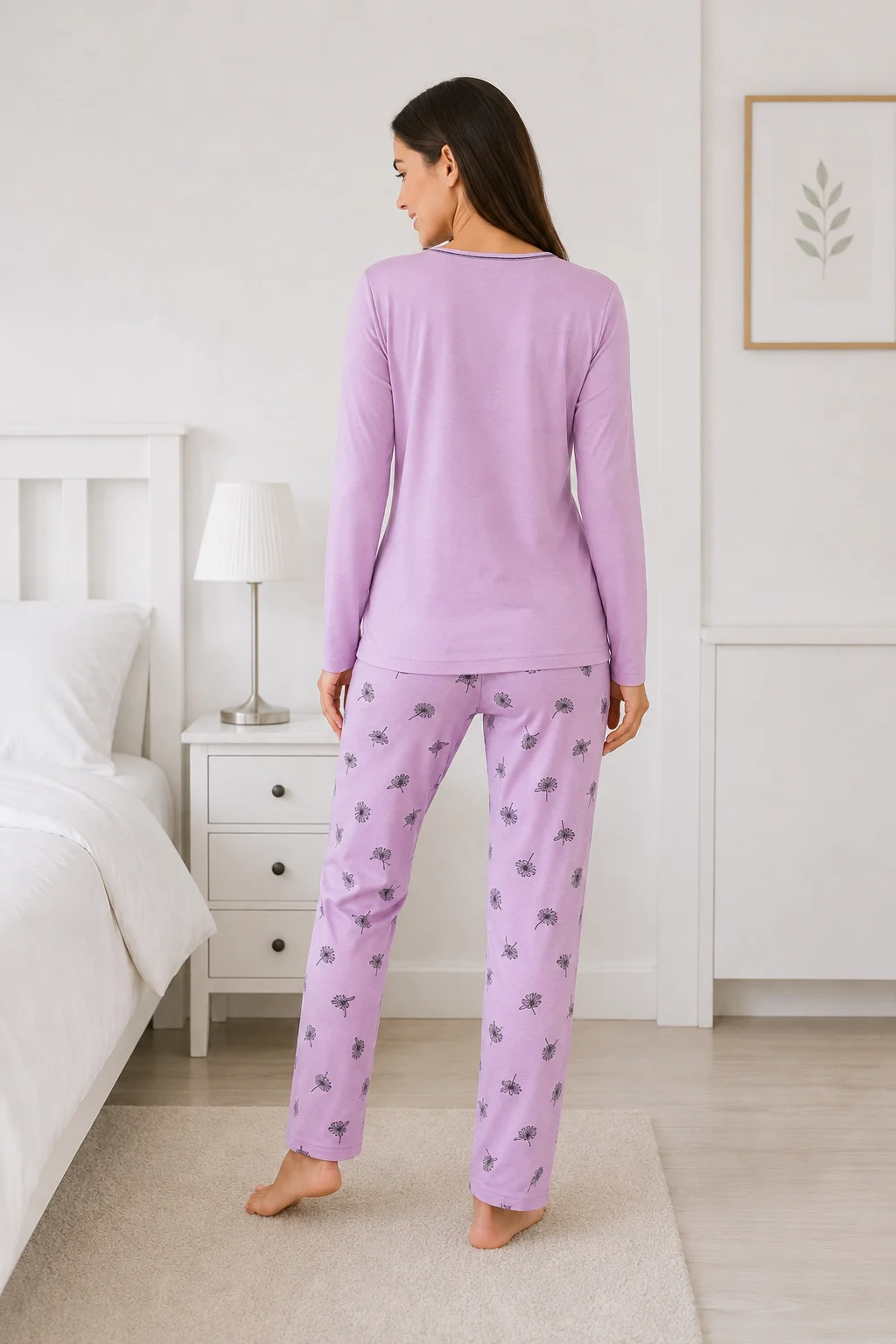Pijama dama mov deschis bluza cu maneca lunga si imprimeu floral, pantaloni lungi cu model flori — imagine 2
