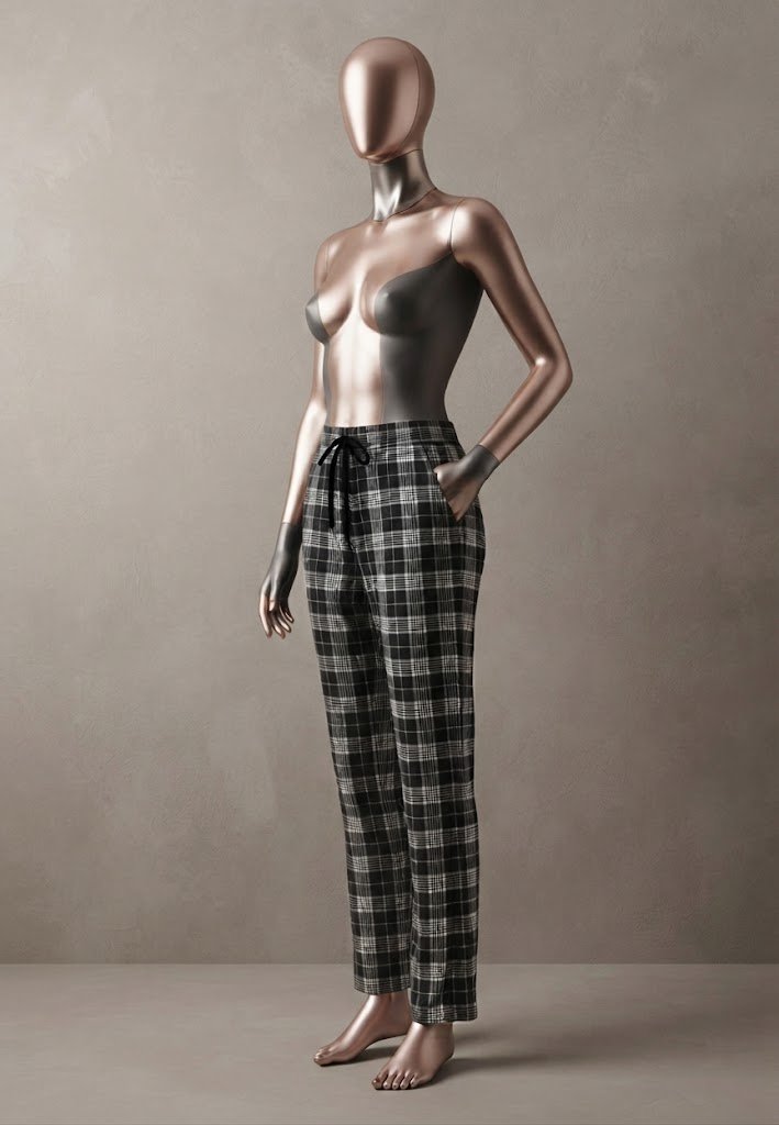 Pantaloni Pijama Damă, Imprimeu Carouri Negru și Alb, Croială Lejeră cu Șnur