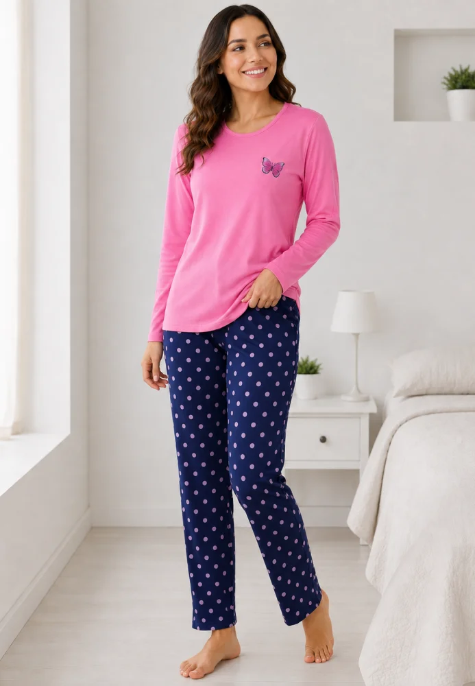 Pijama dama roz cu fluture si pantaloni bleumarin cu buline, bluză bumbac