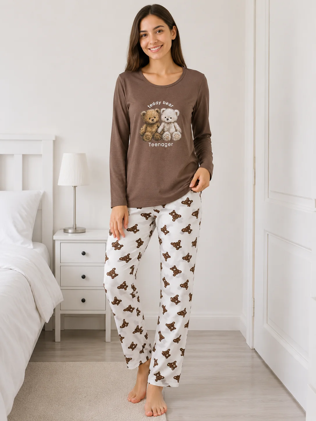 Pijama dama Maro, bluza cu maneca lunga si imprimeu ursuti, pantaloni lungi cu model ursuleti — imagine 3
