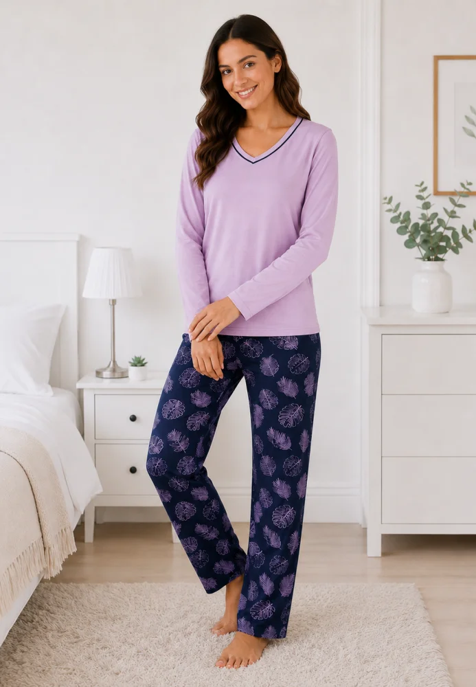 Pijama Dama cu Bluza cu Maneca Lunga si Pantalon Lung Bleumarin cu Imprimeu Frunze — imagine 1