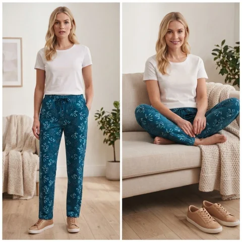 Pantaloni Pijama Damă 100% Bumbac, Imprimeu Floral / Frunze Delicate, Croială Lejeră cu Șnur și Buzunare, Turcoaz