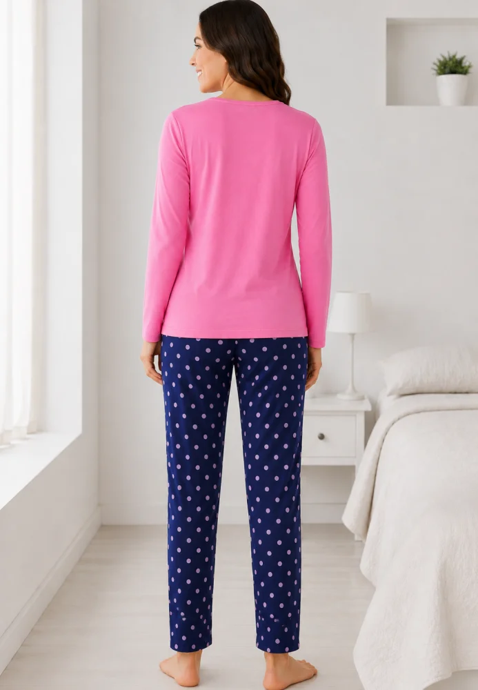 Pijama dama roz cu fluture si pantaloni bleumarin cu buline, bluză bumbac