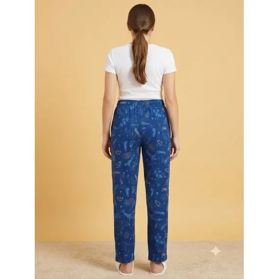 Pantaloni Pijama Damă 100% Bumbac, Imprimeu Natură / Conuri de Brad, Croială Lejeră cu Șnur și Buzunare, Albastru