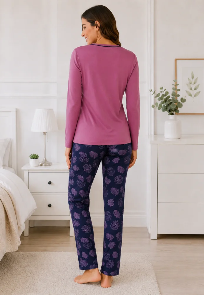 Pijama Dama cu Bluza Mov cu Maneca Lunga si Pantalon Lung Bleumarin cu Imprimeu Frunze — imagine 2