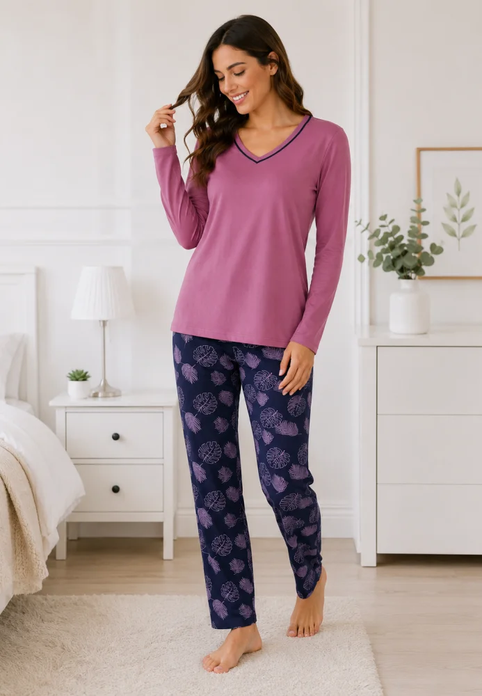 Pijama Dama cu Bluza Mov cu Maneca Lunga si Pantalon Lung Bleumarin cu Imprimeu Frunze — imagine 1