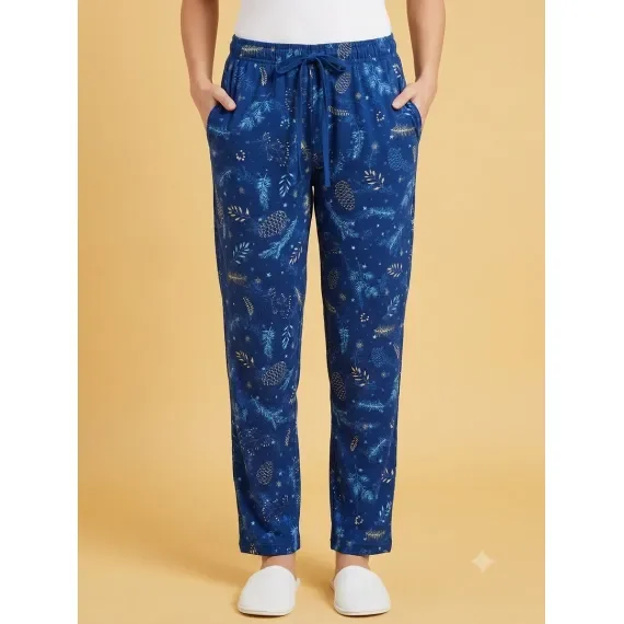 Pantaloni Pijama Damă 100% Bumbac, Imprimeu Natură / Conuri de Brad, Croială Lejeră cu Șnur și Buzunare, Albastru — imagine 1
