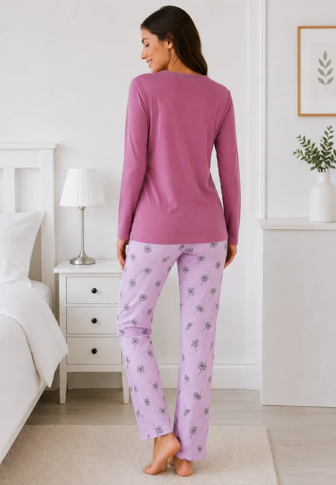 Pijama dama MOV bluza cu maneca lunga si imprimeu floral, pantaloni lungi cu model flori — imagine 2