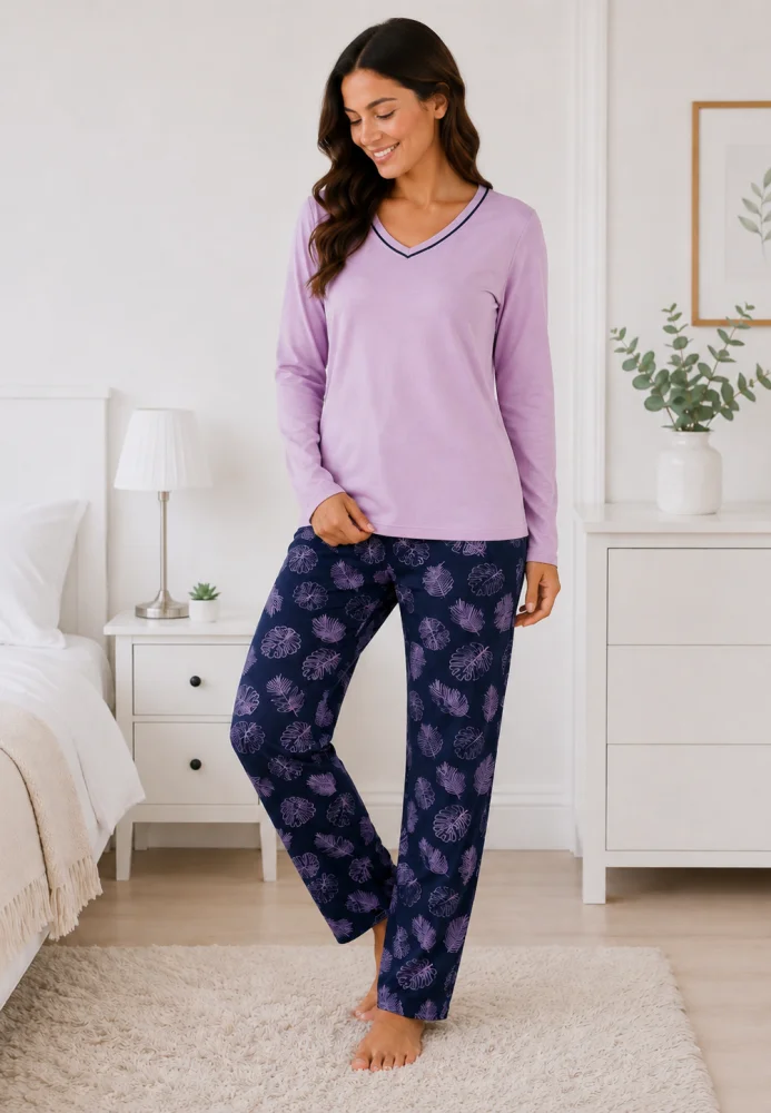 Pijama Dama cu Bluza cu Maneca Lunga si Pantalon Lung Bleumarin cu Imprimeu Frunze — imagine 3