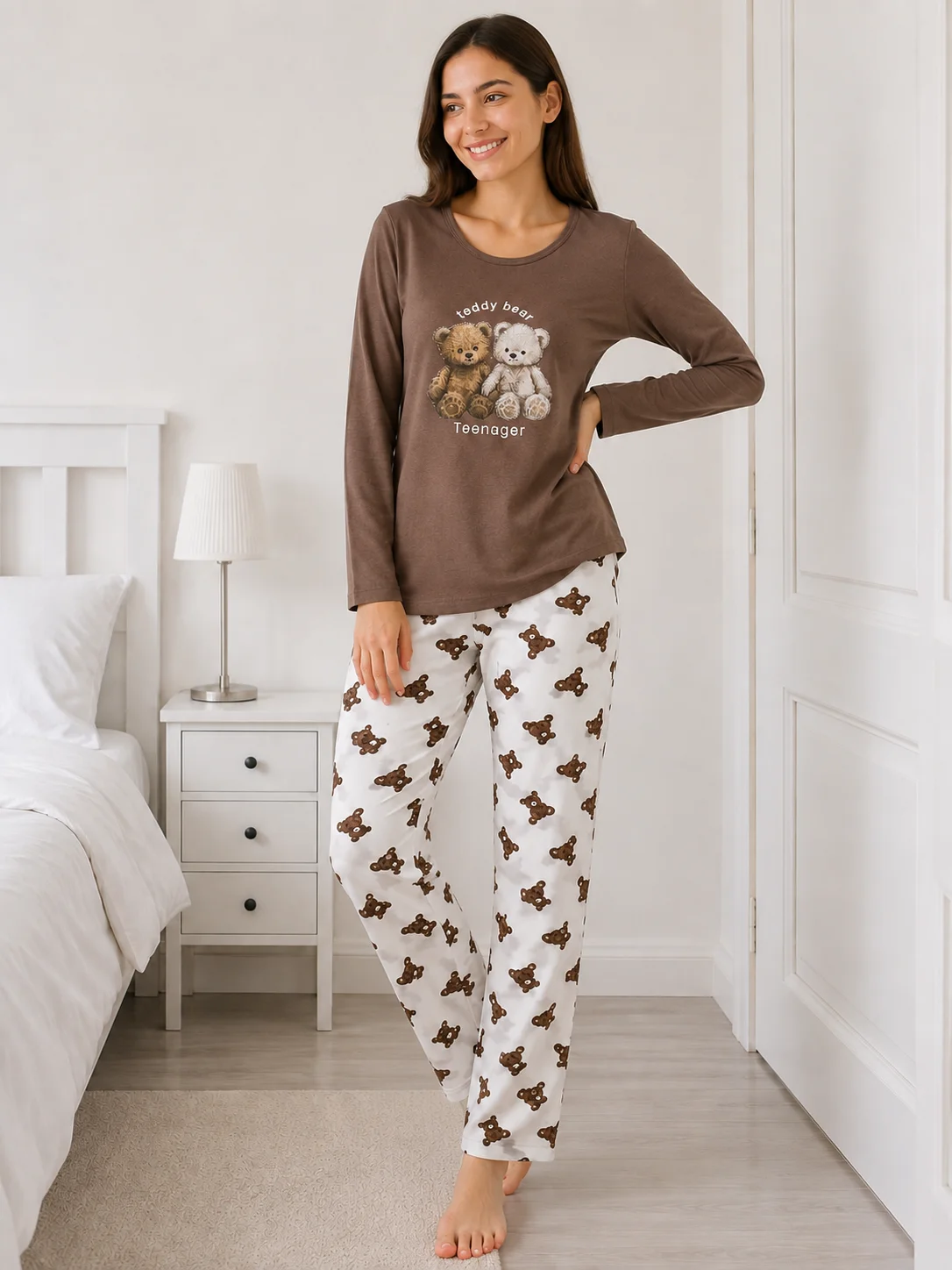Pijama dama Maro, bluza cu maneca lunga si imprimeu ursuti, pantaloni lungi cu model ursuleti — imagine 1