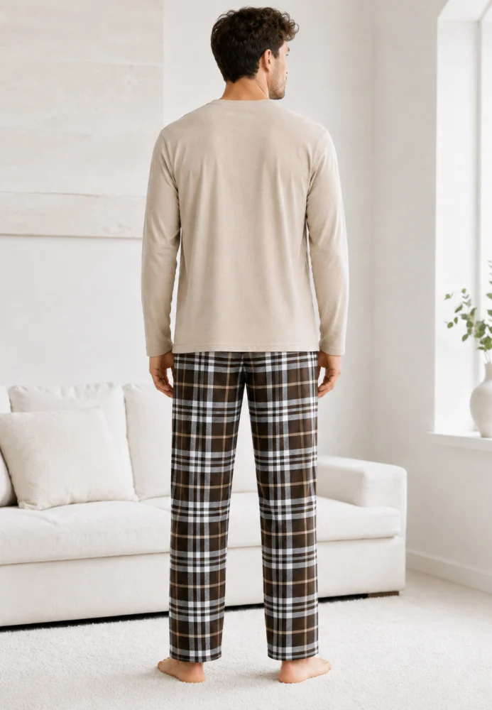 Pijama Bărbați Bej cu Bluză Mâneci Lungi și Pantaloni în Carouri Maro — imagine 2