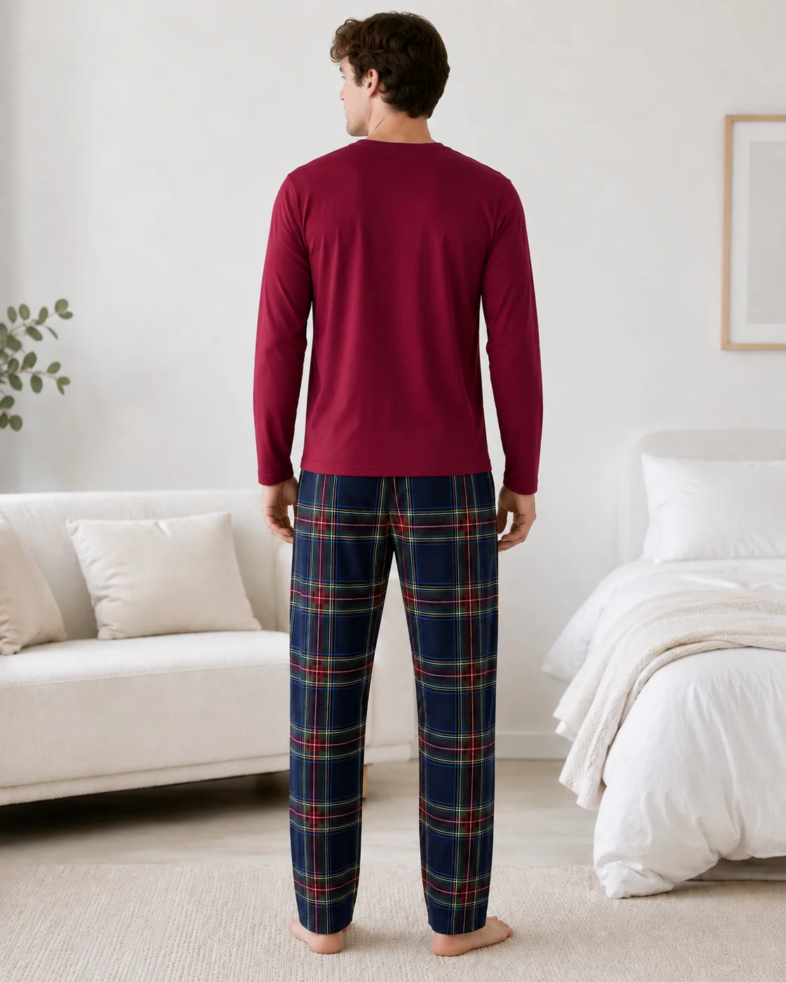 Pijama Bărbați Bordo cu Mânecă Lungă, Bumbac și Pantalon în Carouri Bleumarin — imagine 2