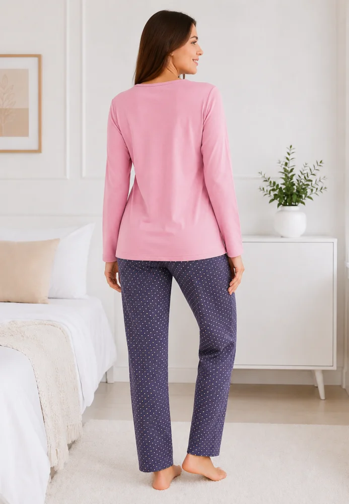 Pijama damă  cu fundiță și pantaloni gri cu buline fine, bumbac — imagine 3