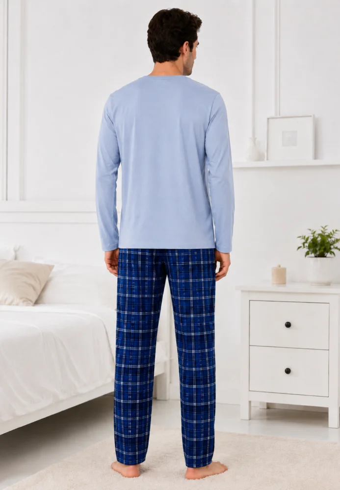 Pijama Bărbați Confortabilă din Bumbac: Bluză Albastru Deschis și Pantaloni Carouri — imagine 2
