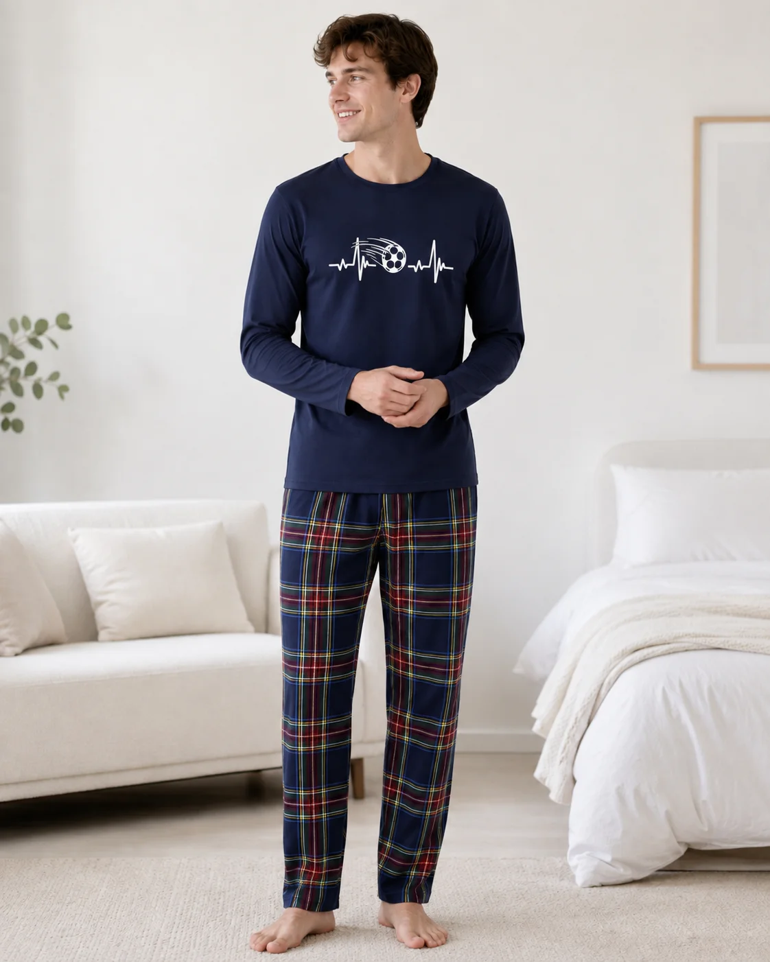 Pijama Bărbați cu Mânecă Lungă, bluză bumbac și pantalon în carouri,  Bleumarin și Pantalon Carouri — imagine 4