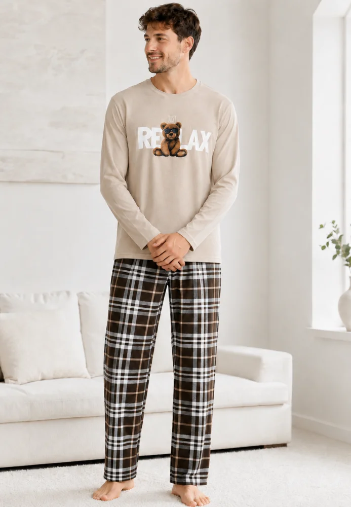 Pijama Bărbați Bej cu Bluză Mâneci Lungi și Pantaloni în Carouri Maro