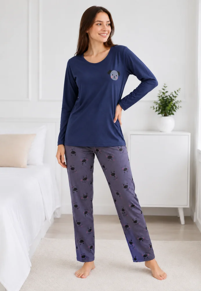 Pijama dama confortabila,bumbac cu maneca lunga si aplicatie catel,blumarin — imagine 4