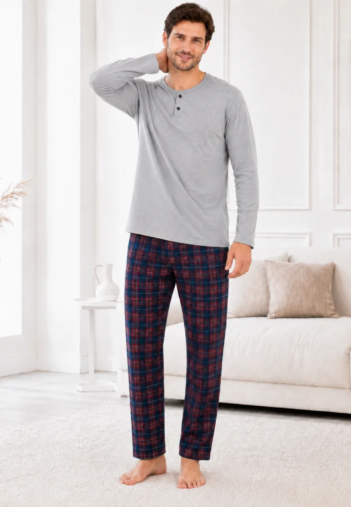 Pijama Bărbați Bumbac, Bluză Gri cu Nasturi și Pantalon Carouri Bleumarin — imagine 1