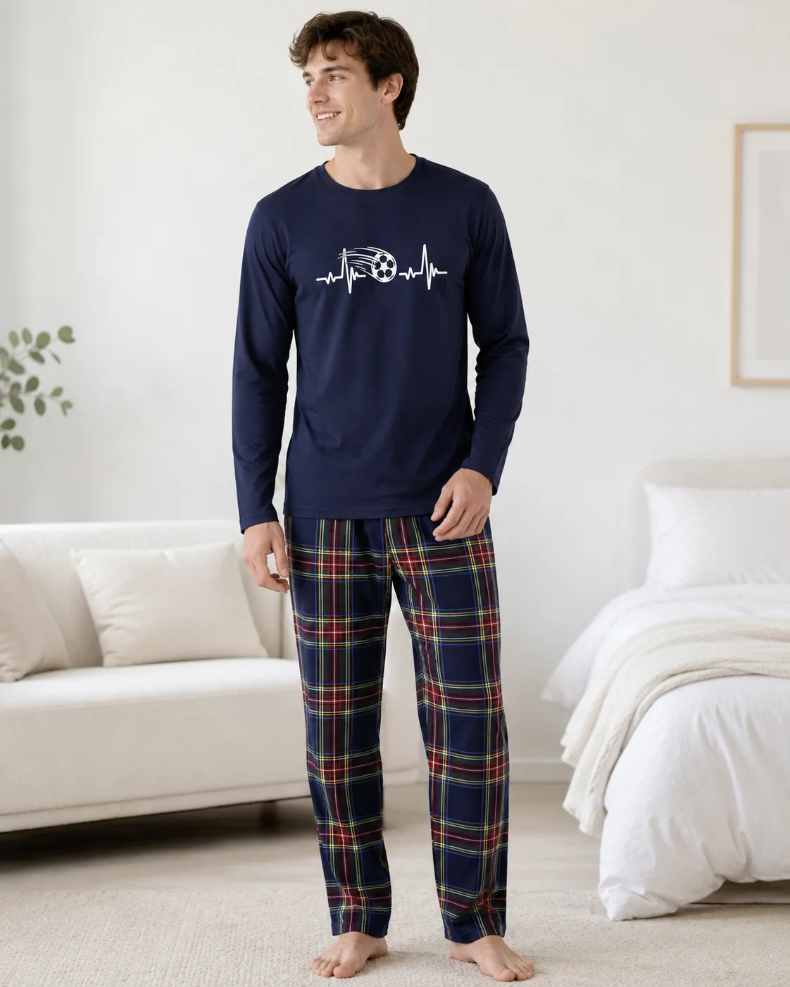Pijama Bărbați cu Mânecă Lungă, bluză bumbac și pantalon în carouri,  Bleumarin și Pantalon Carouri