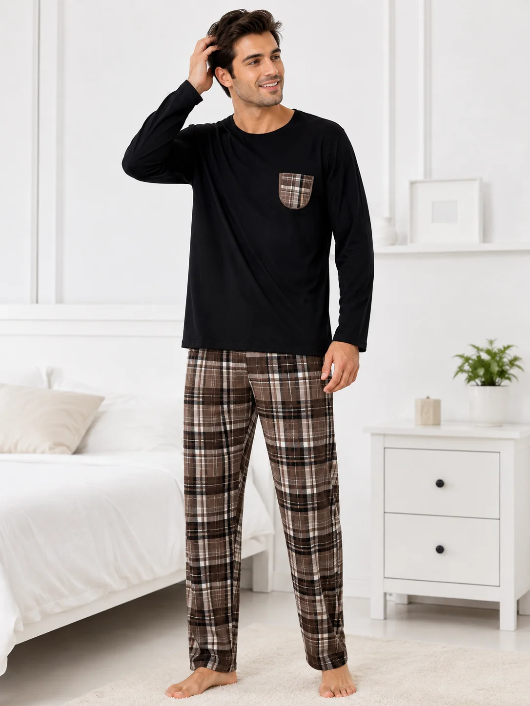 Pijama Bărbați, Bluza cu Mâneci Lungi și Pantalon Lung în Carouri, Negru și Maro, Bumbac
