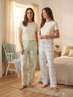 Pantaloni de Pijamă Damă, Imprimeu Floral Verde și Inimi Albastre, Talie Elastică cu Șnur, Multicolor