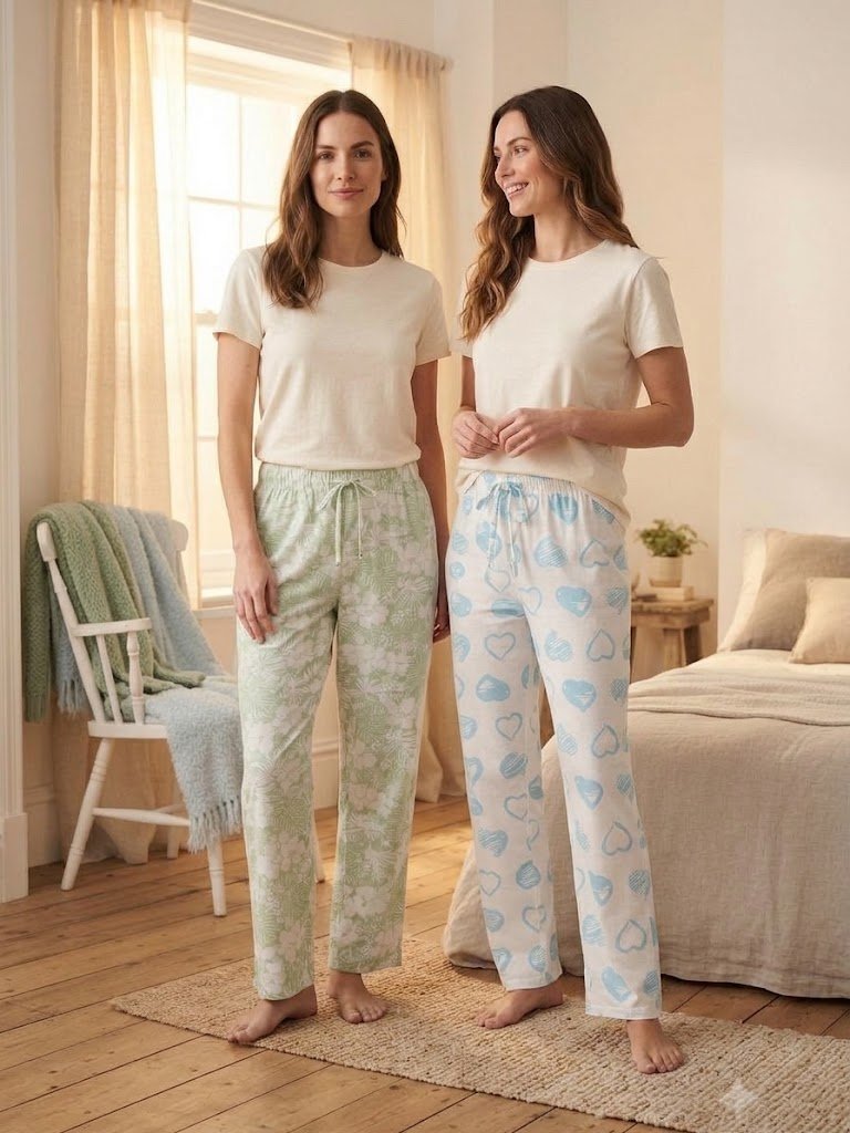 Pantaloni de Pijamă Damă, Imprimeu Floral Verde și Inimi Albastre, Talie Elastică cu Șnur, Multicolor