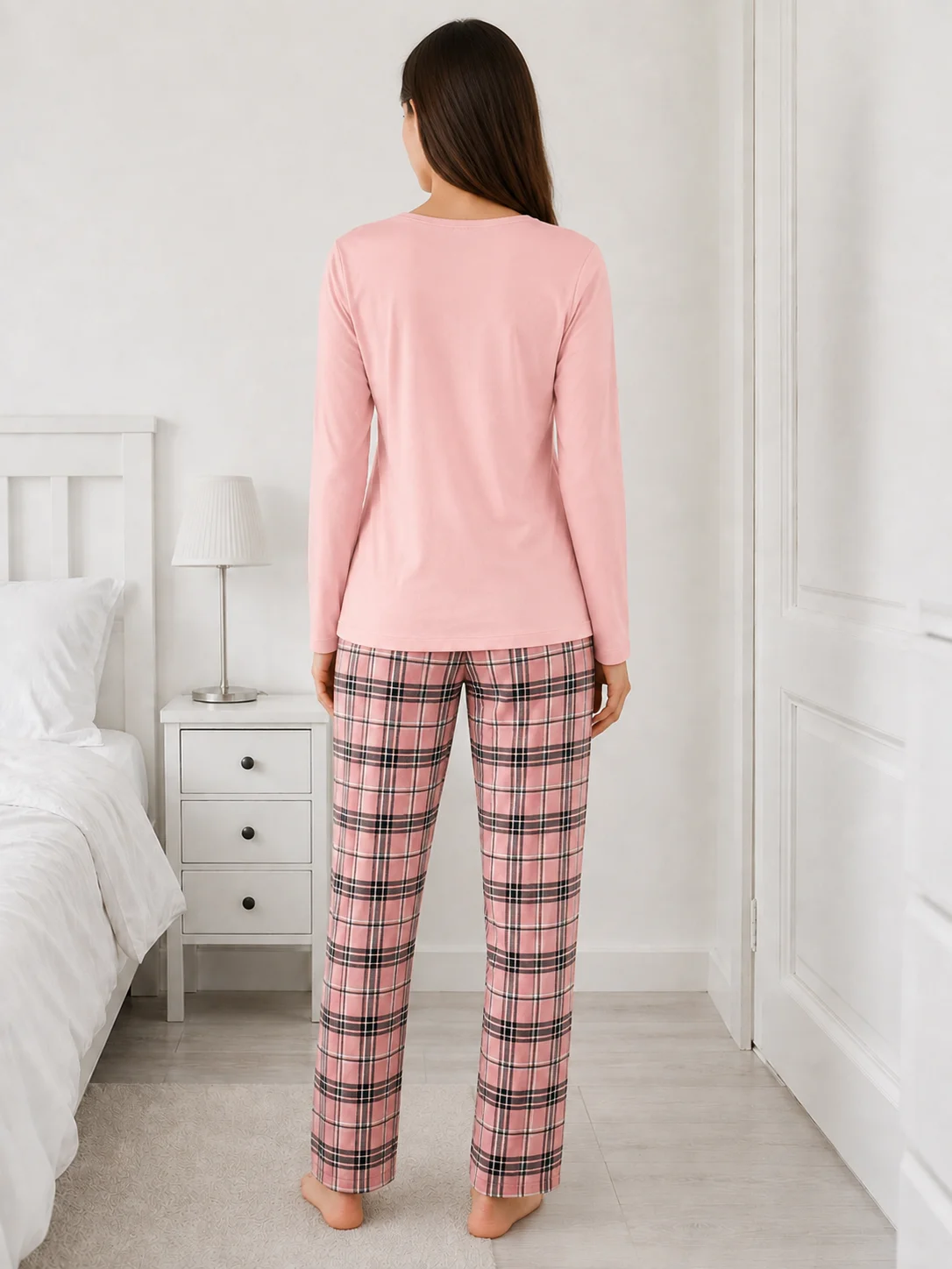 Pijama dama Roz Pudra, bluza cu maneca lunga si imprimeu ceasca de cafea, pantaloni lungi carouri