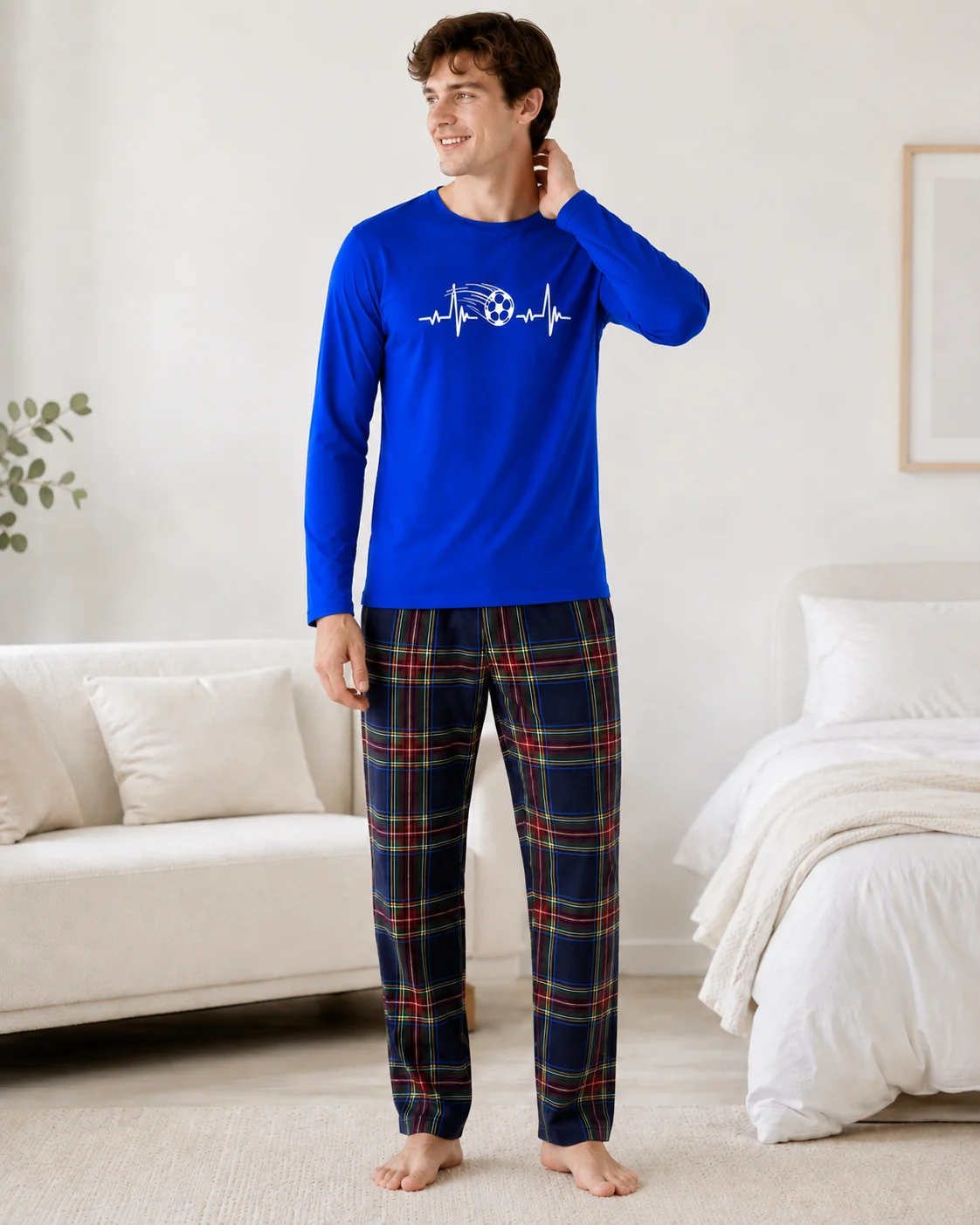 Pijama Bărbați Bumbac  – Bluză Albastru Regal și Pantalon Carouri Multicolor — imagine 3