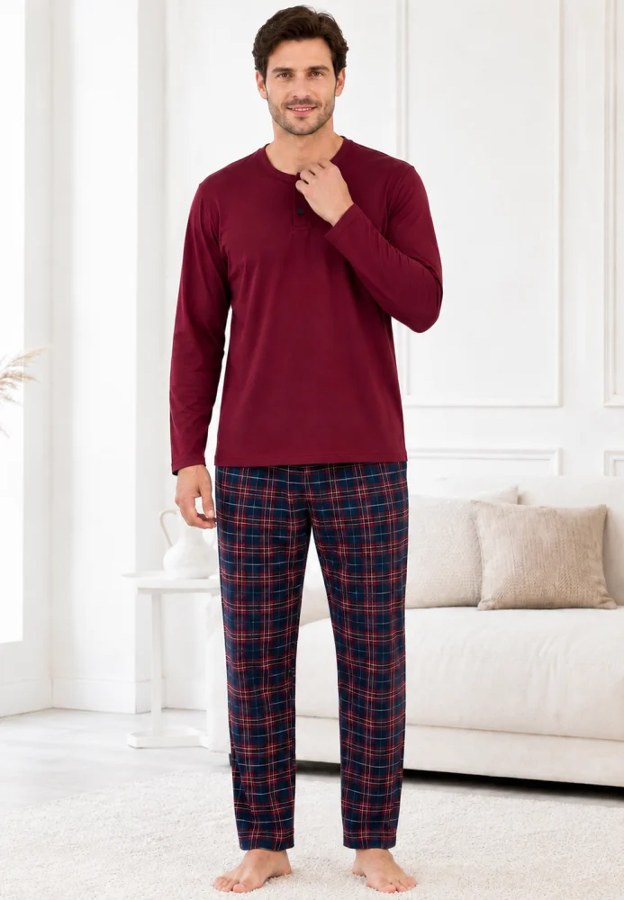 Pijama Bărbați Mânecă Lungă Bumbac – Bluză Vișinie cu Nasturi și Pantalon Carouri