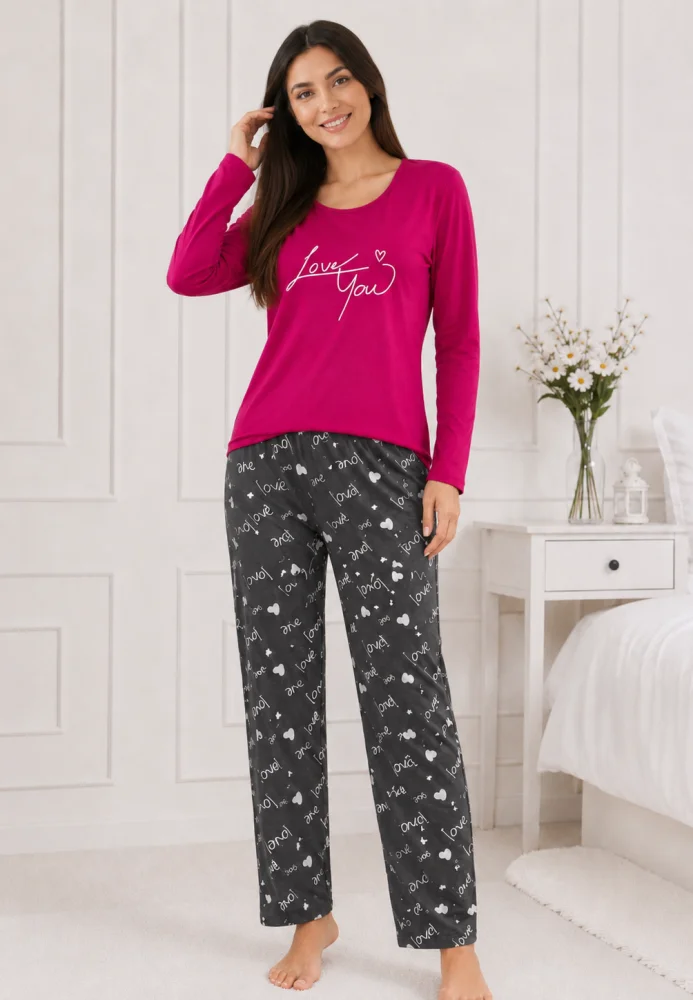 Pijama dama bumbac, set 2 piese bluza maneca lunga si pantaloni lungi, imprimeu inimi "Love You — imagine 4