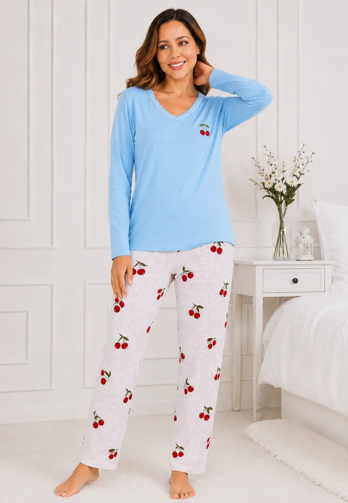 Pijama damă cu mânecă lungă și pantaloni cu imprimeu cireșe, bleu și alb