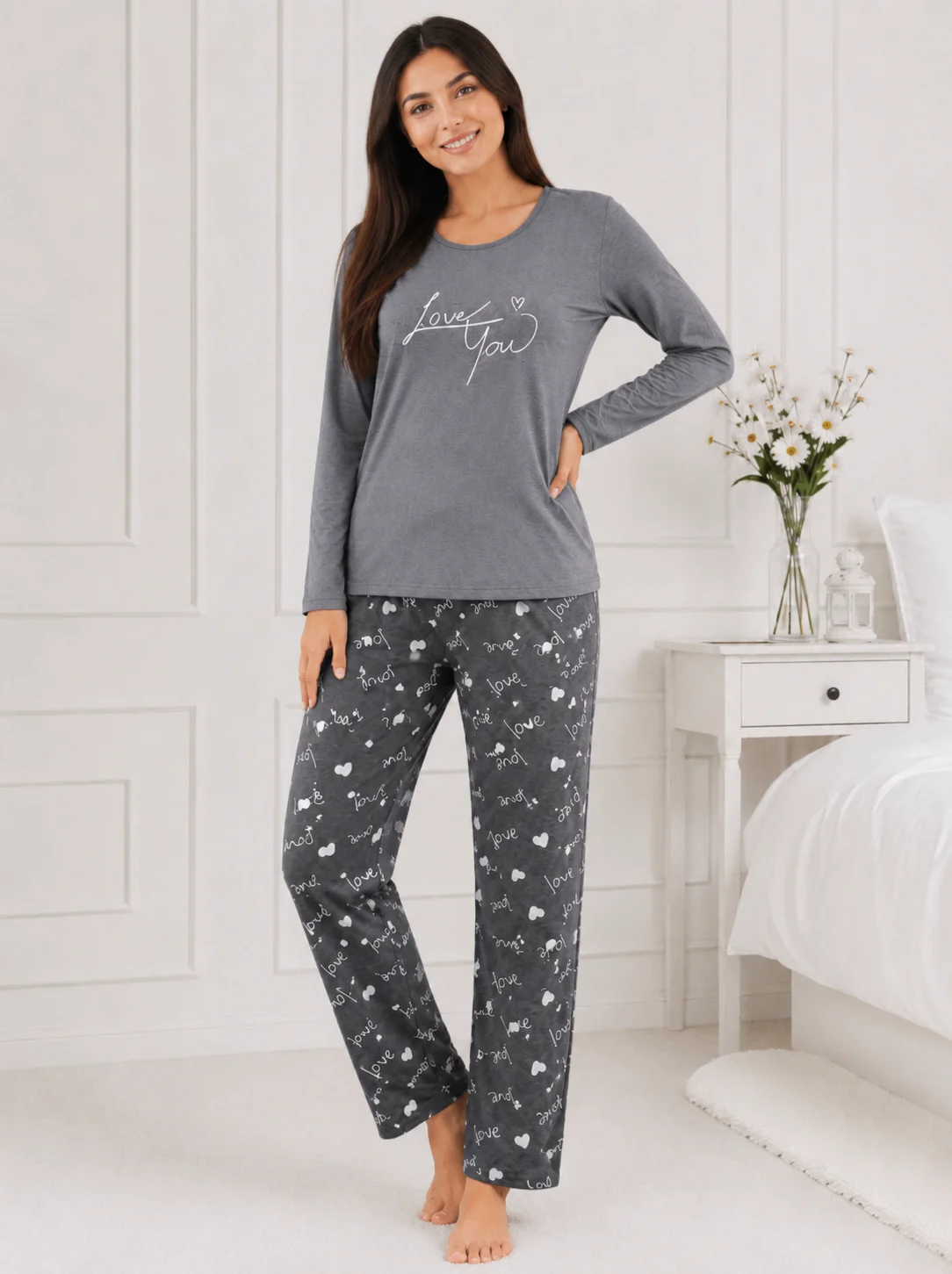 Pijama dama bumbac, set 2 piese bluza maneca lunga si pantaloni lungi, imprimeu inimi "Love You — imagine 1