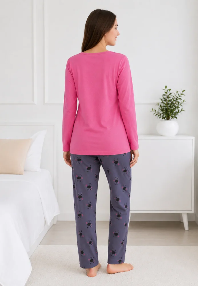 Pijama dama confortabila,bumbac cu maneca lunga si aplicatie catel,roz — imagine 2